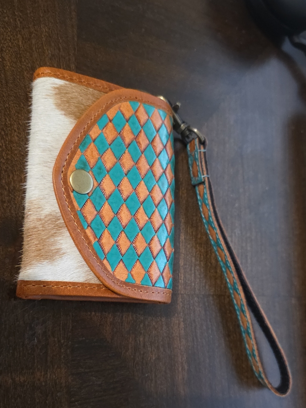 NEW - Turquoise and Tan Card Case With Wristlet Strap